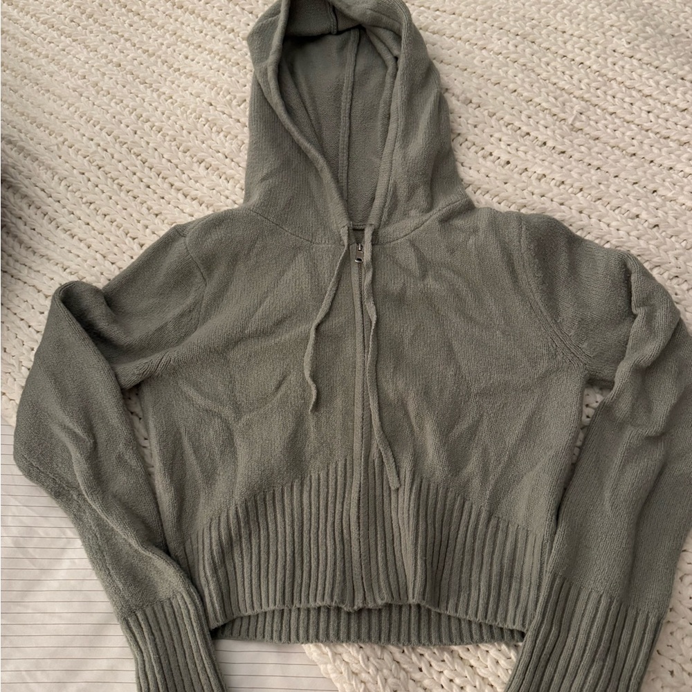 Abound Olive Knit Cropped Hoodie with zip closer